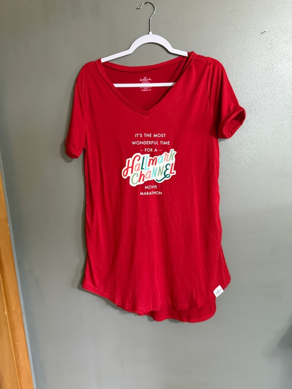 Hallmark Red Short Sleeve V-Neck Tee with Multicolor Logo